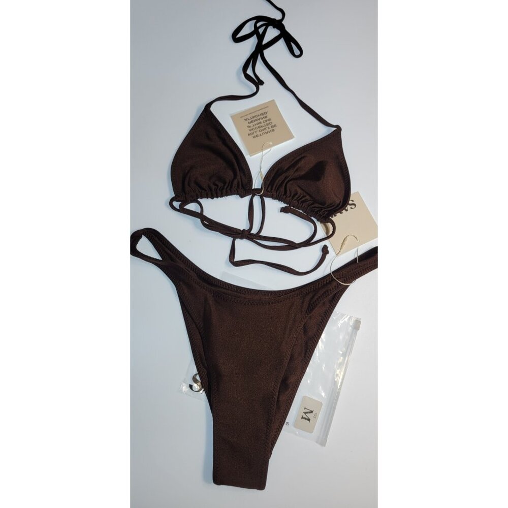 SAME Los Angeles Swim Bikini Set 2Pc Top High Weist Bottom 90s Brown SZ M - Picture 9 of 15